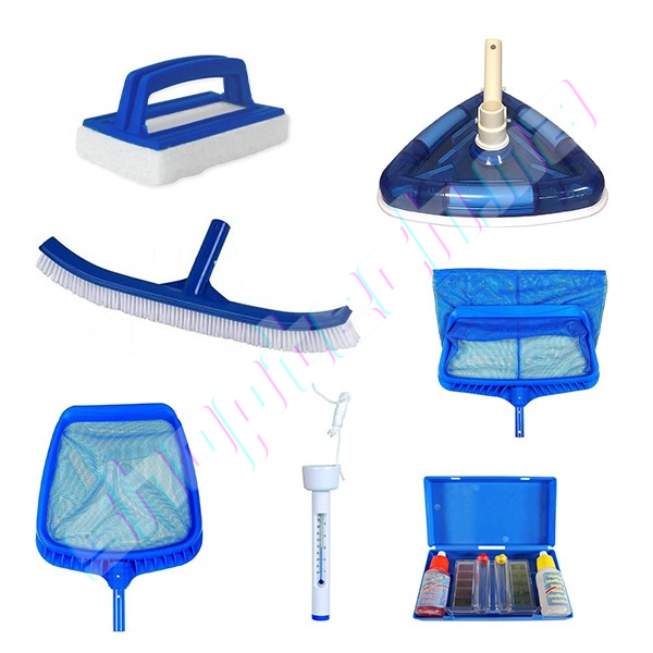 Kits de piscine 7 (tête d'aspirateur + écumoire à râteau profond + brosse + thermomètre + kit de test)